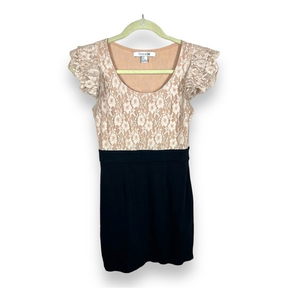 MEDIUM JUNIORS FOREVER 21 RETRO RUFFLE LACE DRESS BEIGE BLACK STRETCH RETRO - Picture 1 of 8
